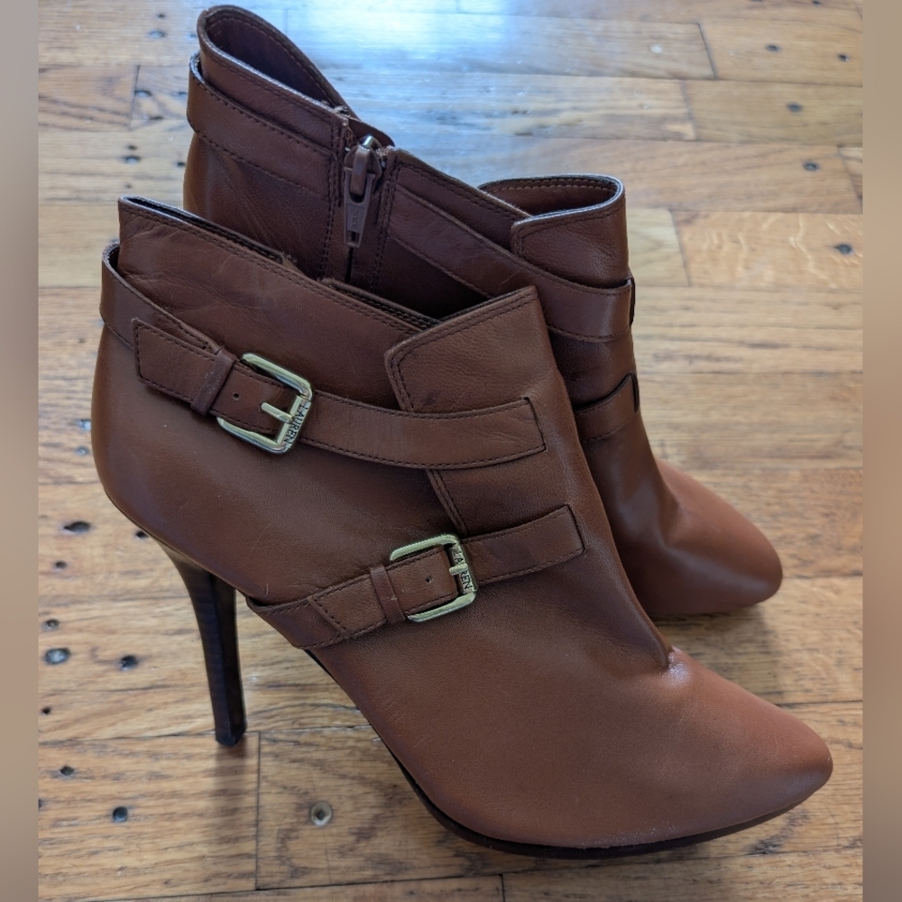 Ralph Lauren Brown Leather Ankle Boots with Buckle Accent